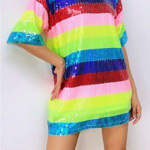 RAINBOW STRIPES SEQUINS T-SHIRT DRESS by La’Ros med. Can be shirt or dress.